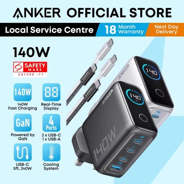 Anker Charger 140W PD 3.1 Fast Charging 4-Port GaN USB C Charger Foldable Laptop Charger B2697