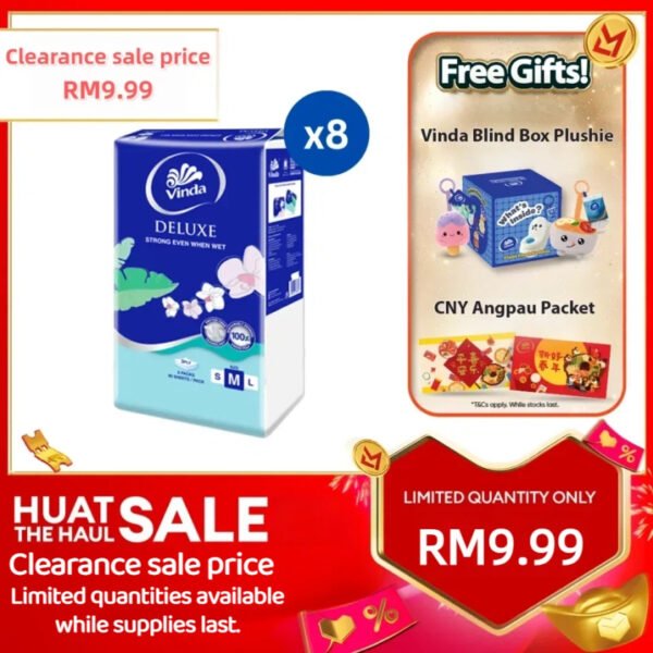 CLEARANCE SALE, STOK TERHAD❗Vinda Deluxe Soft Pack Facial Tissue (5x90s) x 8 - Soft, Gentle Tissue Paper