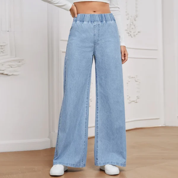 Clashe Palazzo JEANS Women Elastic Waistband Casual Plus Size S-3XL Denim Pants Wanita Solid Color Celana Baggy Jeans