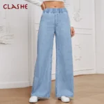 Clashe Palazzo JEANS Women Elastic Waistband Casual Plus Size S-3XL Denim Pants Wanita Solid Color Celana Baggy Jeans