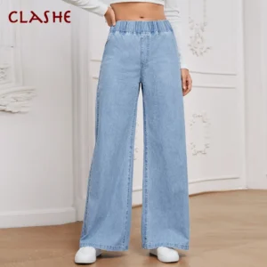 Clashe Palazzo JEANS Women Elastic Waistband Casual Plus Size S-3XL Denim Pants Wanita Solid Color Celana Baggy Jeans