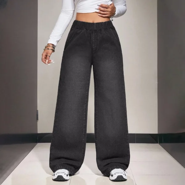 Clashe Palazzo JEANS Women Elastic Waistband Casual Plus Size S-3XL Denim Pants Wanita Solid Color Celana Baggy Jeans