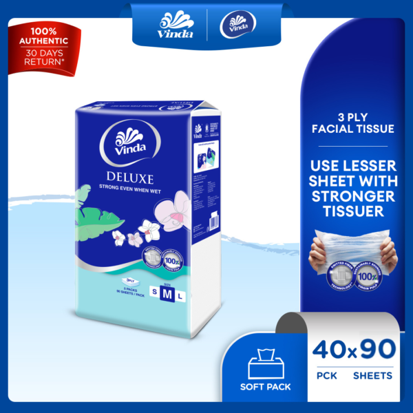 CLEARANCE SALE, STOK TERHAD❗Vinda Deluxe Soft Pack Facial Tissue (5x90s) x 8 - Soft, Gentle Tissue Paper