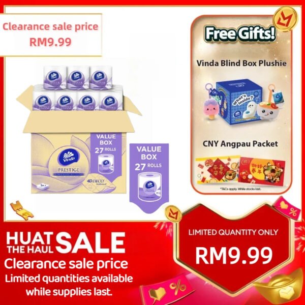 CLEARANCE SALE, STOK TERHAD❗VINDA PRESTIGE 4D DECO EMBOSSED TISSUE TOILET 3PLY 27 ROLLS KUAT & PENYERAP